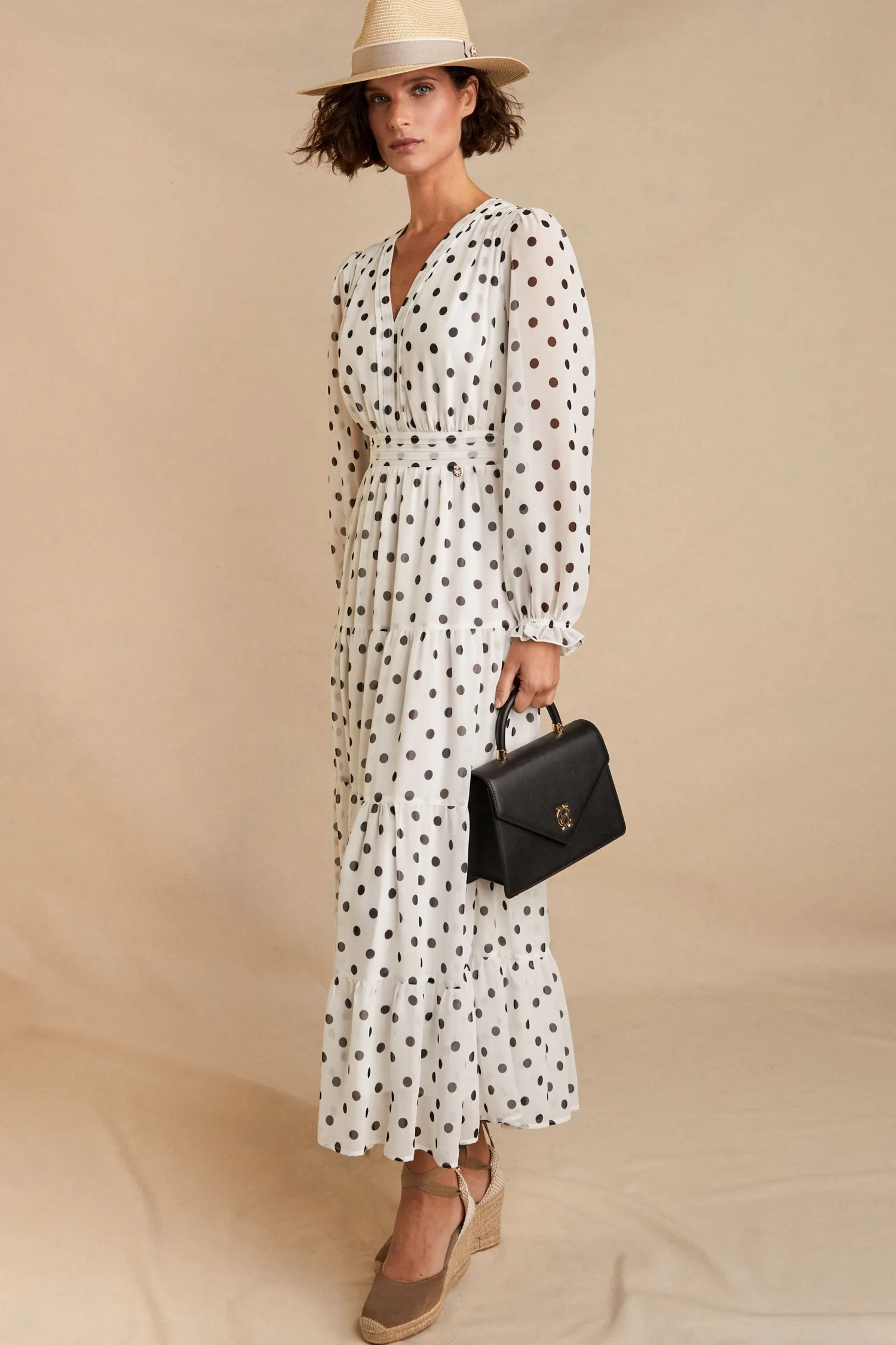 Discount Bella Tiered Maxi Dress (White Black Polka Dot) Women Dresses