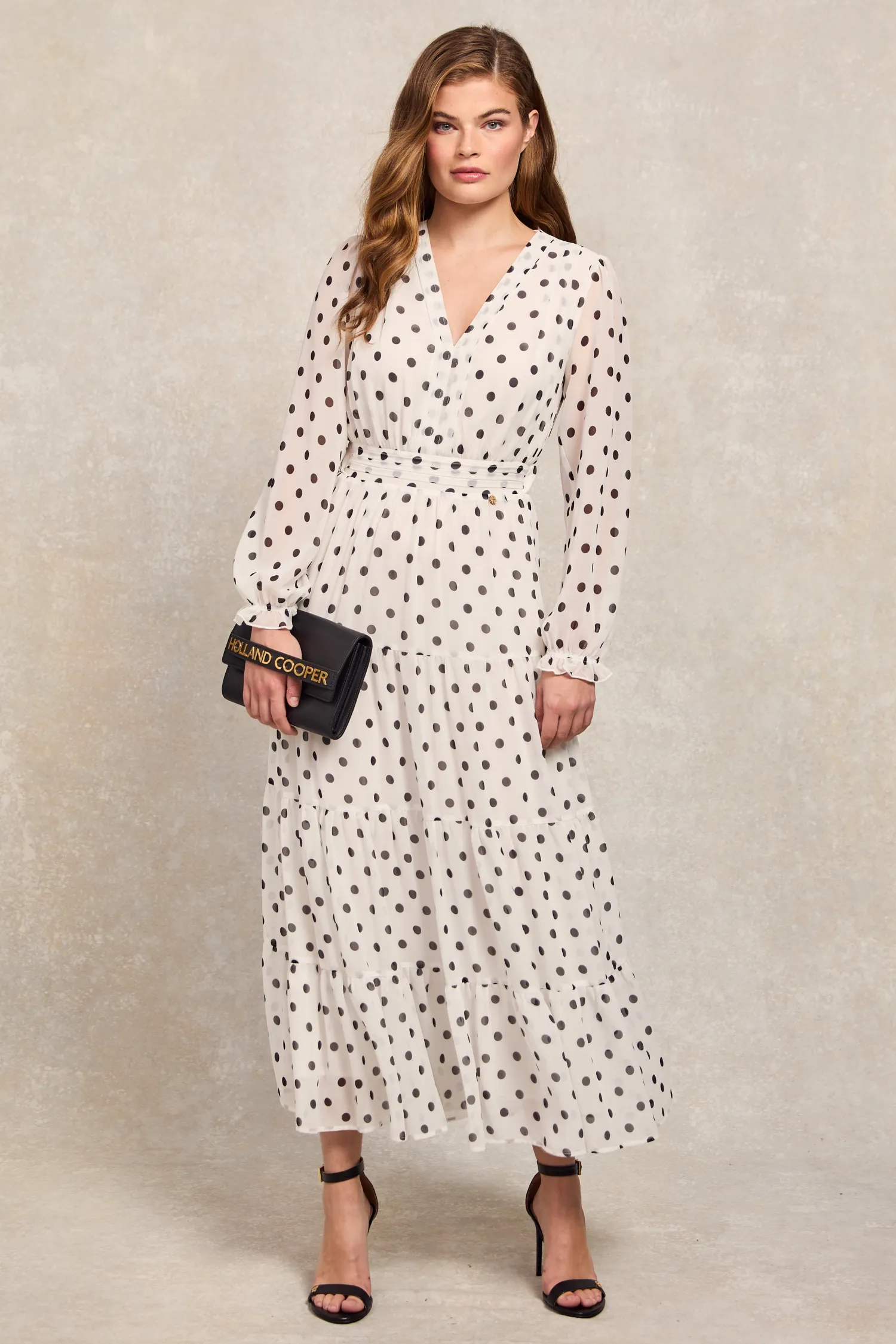 Discount Bella Tiered Maxi Dress (White Black Polka Dot) Women Dresses