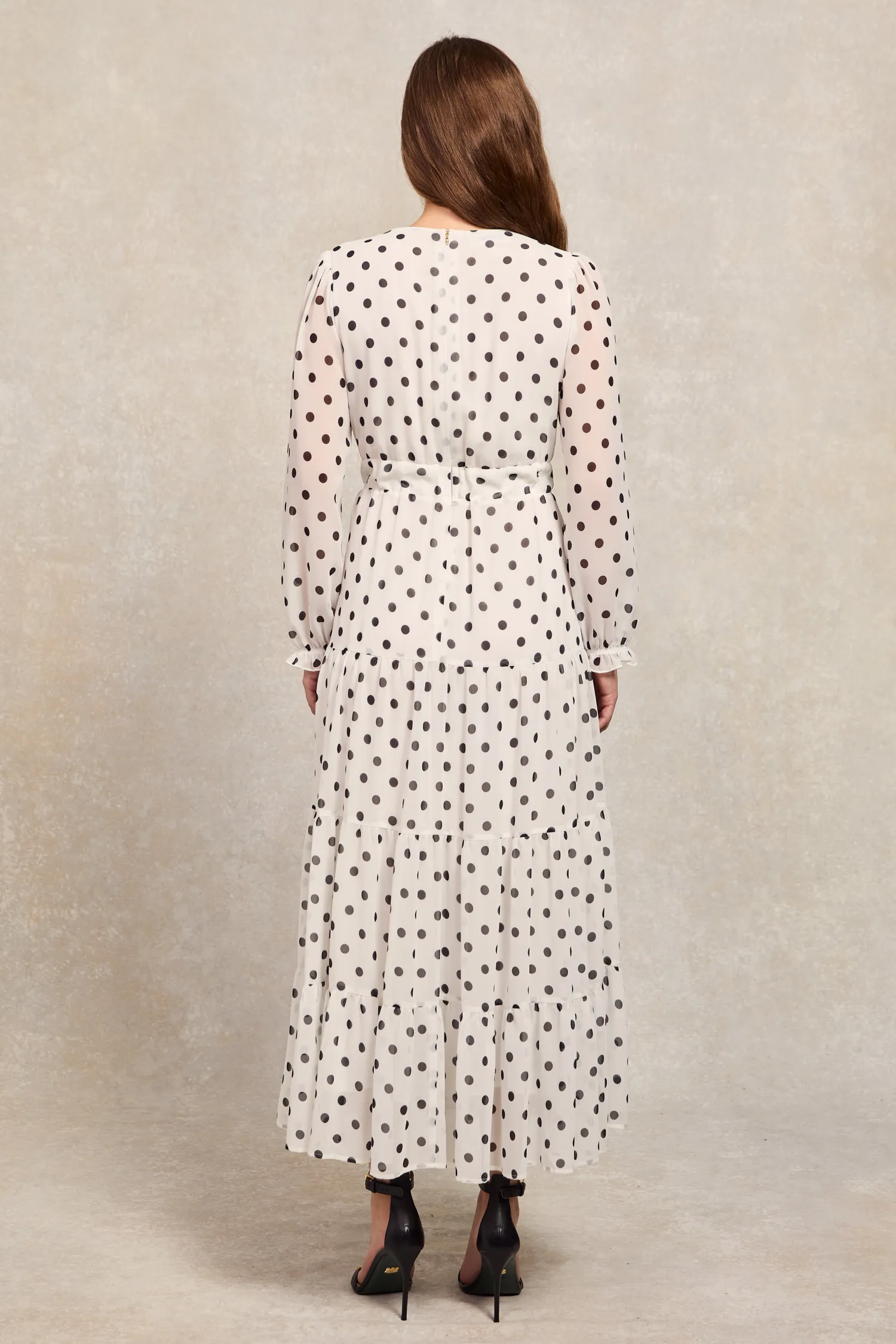 Discount Bella Tiered Maxi Dress (White Black Polka Dot) Women Dresses