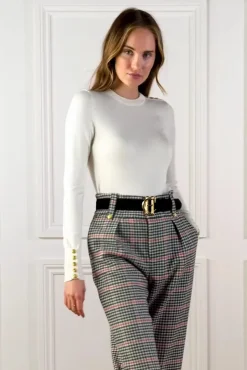 New Buttoned Knit Crew Neck Women Knitwear