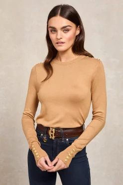 New Buttoned Knit Crew Neck (Dark Camel) Women Knitwear