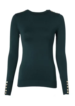 Clearance Buttoned Knit Crew Neck (Deep Emerald) Women Knitwear