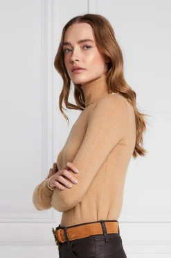 Best Buttoned Knit Roll Neck (Dark Camel) Women Knitwear