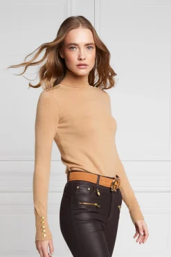 Best Buttoned Knit Roll Neck (Dark Camel) Women Knitwear