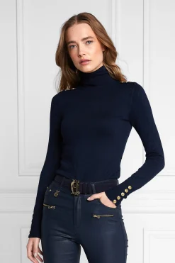 Clearance Buttoned Knit Roll Neck (Ink Navy) Women Knitwear