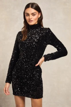 Hot Cara Sequin Mini Dress (Black Sequin) Women Dresses