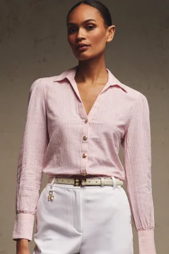 Fashion Classic V-Neck Blouse (Pink Stripe) Women Shirts & Blouses