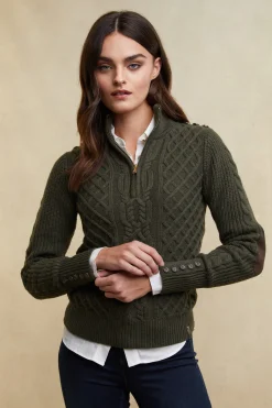 Sale Country Cable Quarter Zip Knit (Forest Green) Women Knitwear
