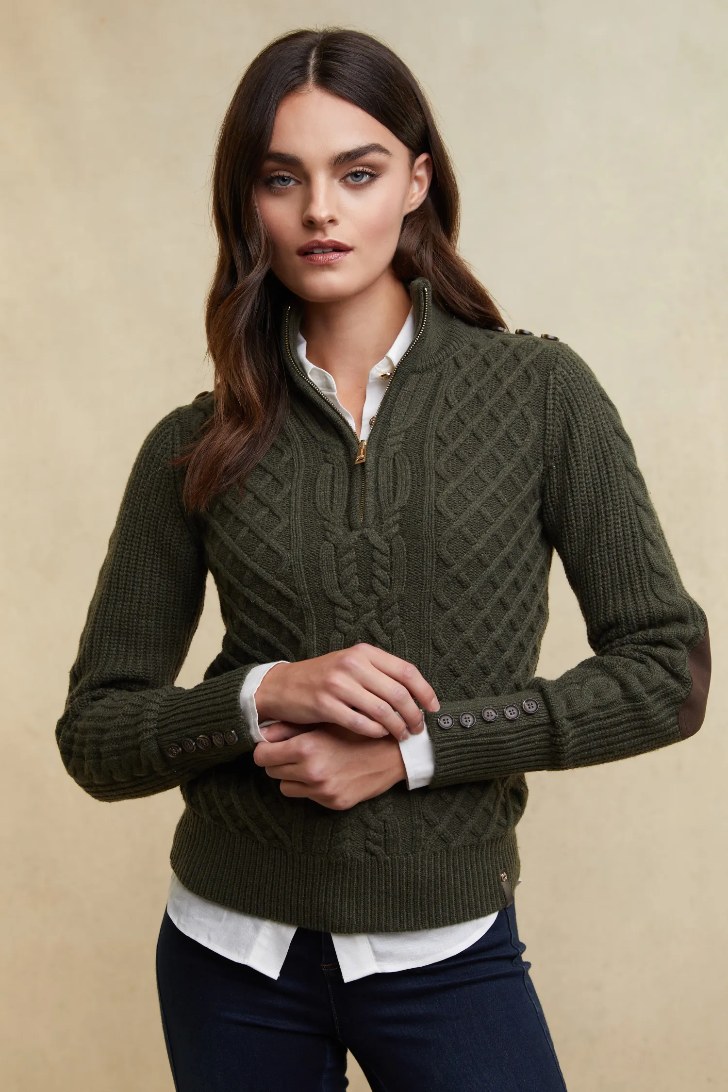 Sale Country Cable Quarter Zip Knit (Forest Green) Women Knitwear