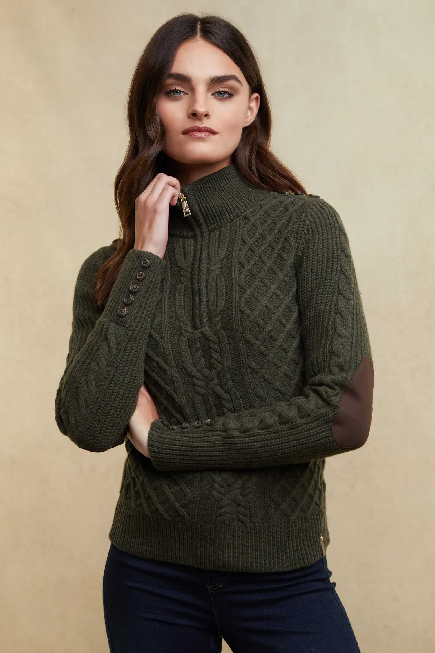 Sale Country Cable Quarter Zip Knit (Forest Green) Women Knitwear