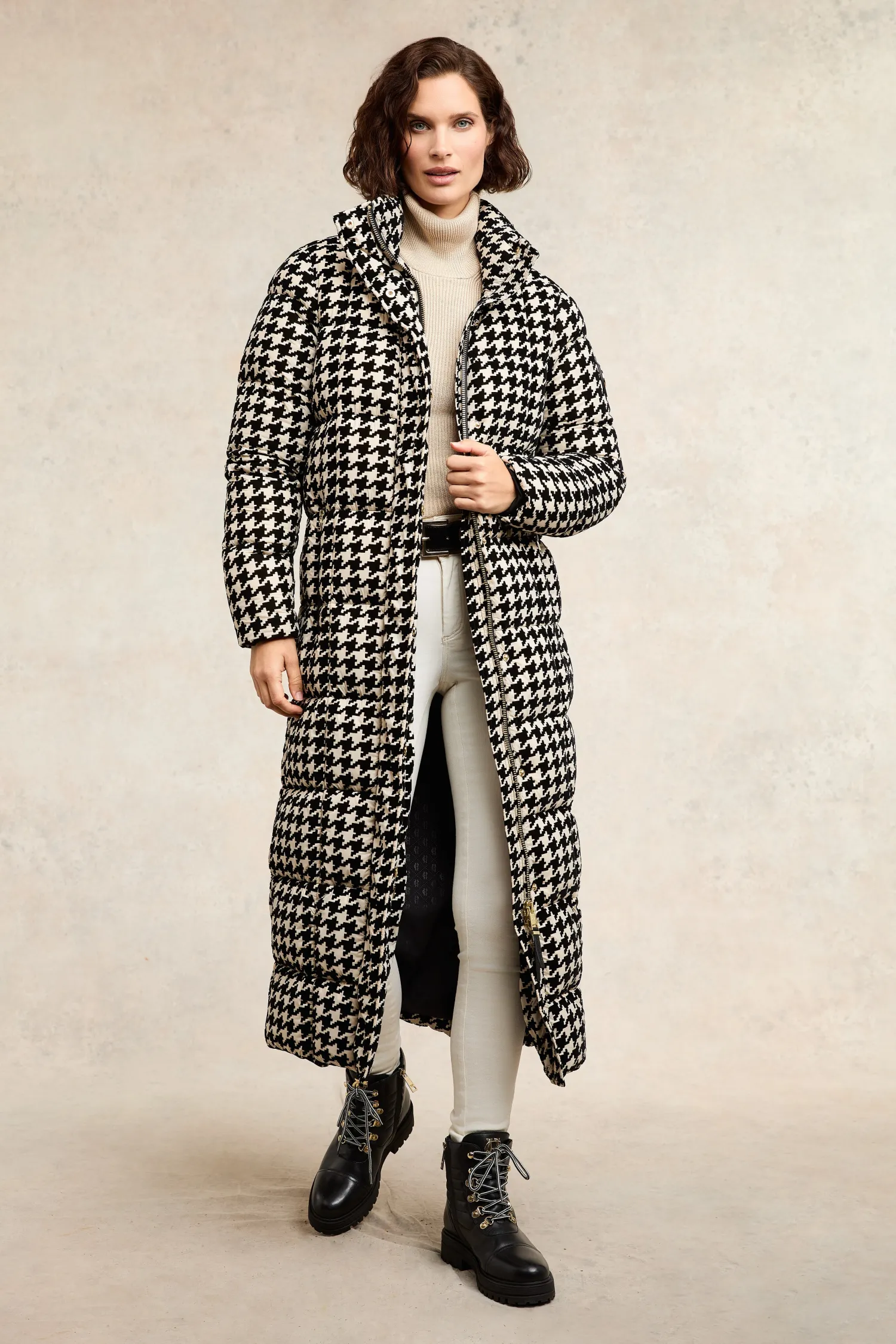 Fashion Crawford Longline Coat (Ecru Houndstooth) Women Coats