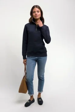Hot Crest Zip Henley (Ink Navy) Women Hoodies & Sweatshirts|Sweatshirts
