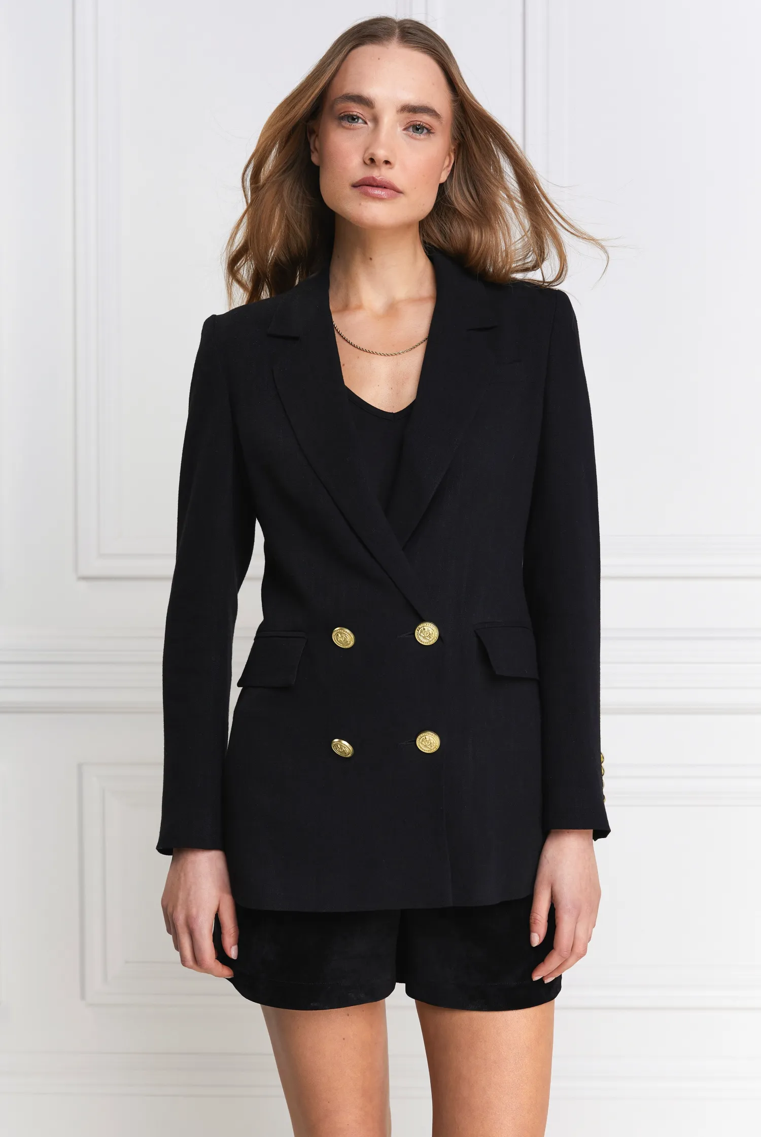 Fashion Double Breasted Blazer (Black Linen) Women Blazers|Tailoring