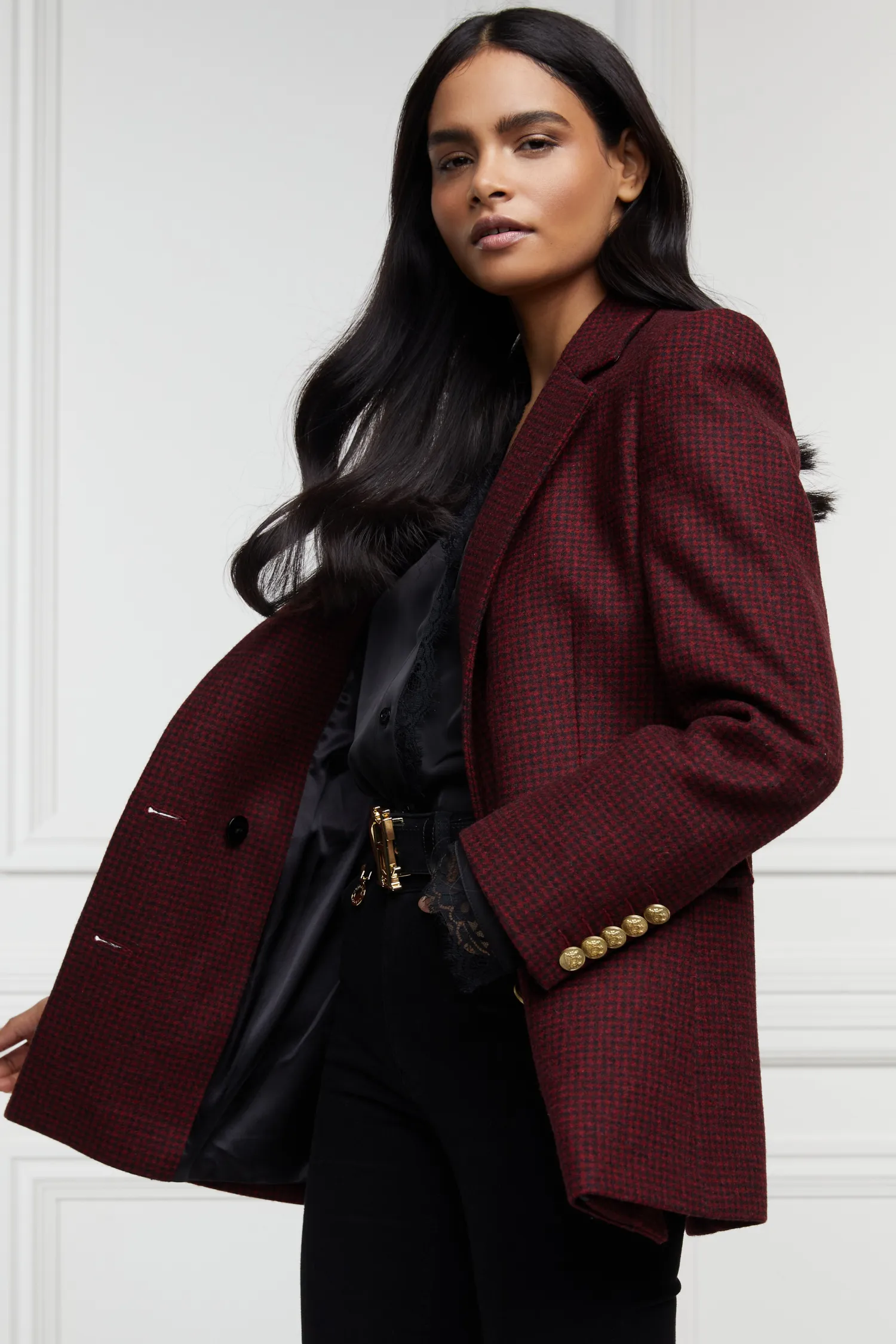 Sale Double Breasted Blazer (Deep Red Houndstooth) Women Blazers|Tailoring