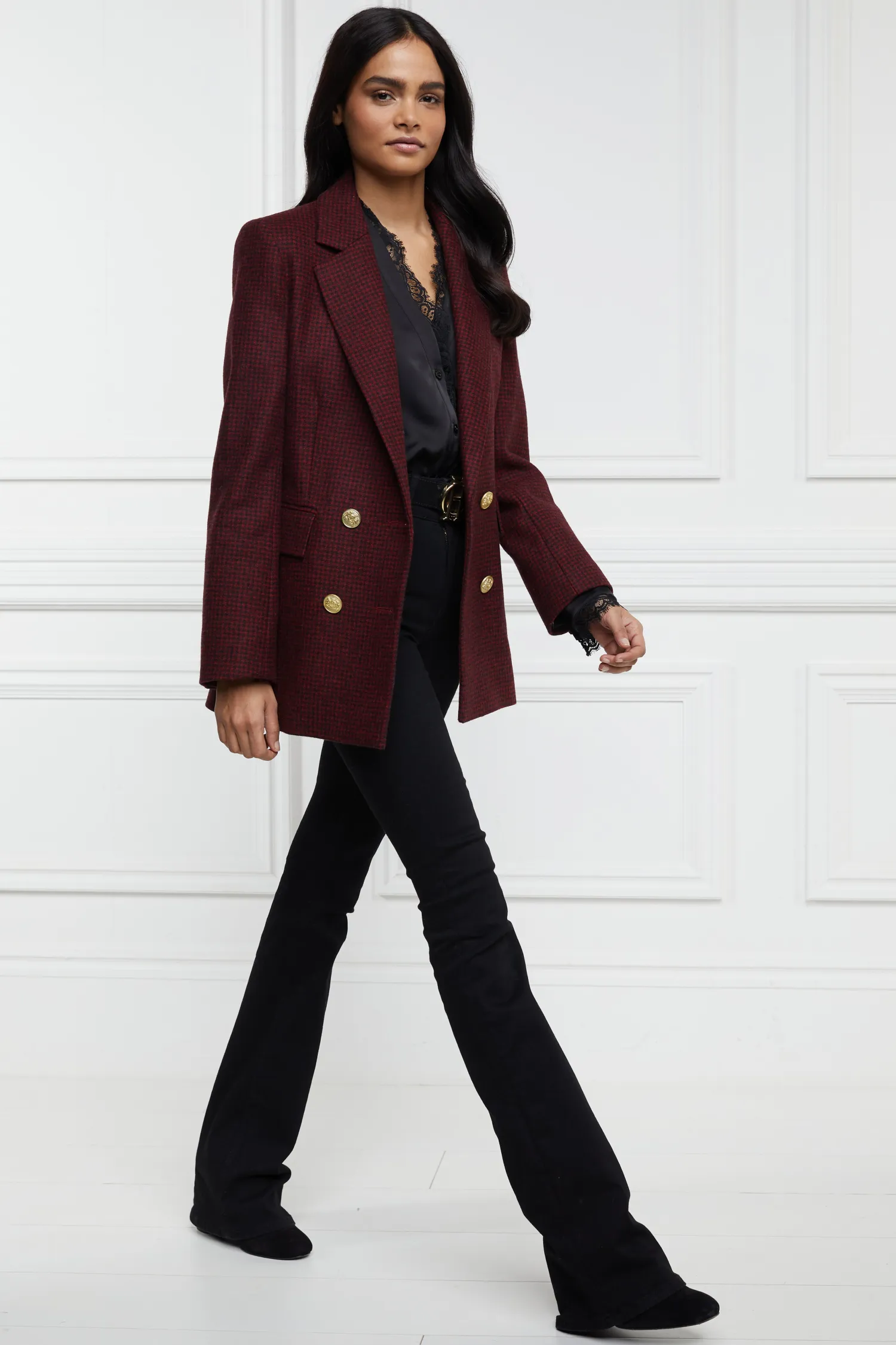Sale Double Breasted Blazer (Deep Red Houndstooth) Women Blazers|Tailoring