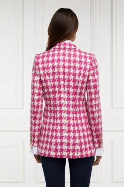 Fashion Double Breasted Blazer (Hot Pink Large Scale Houndstooth) Women Blazers|Tailoring