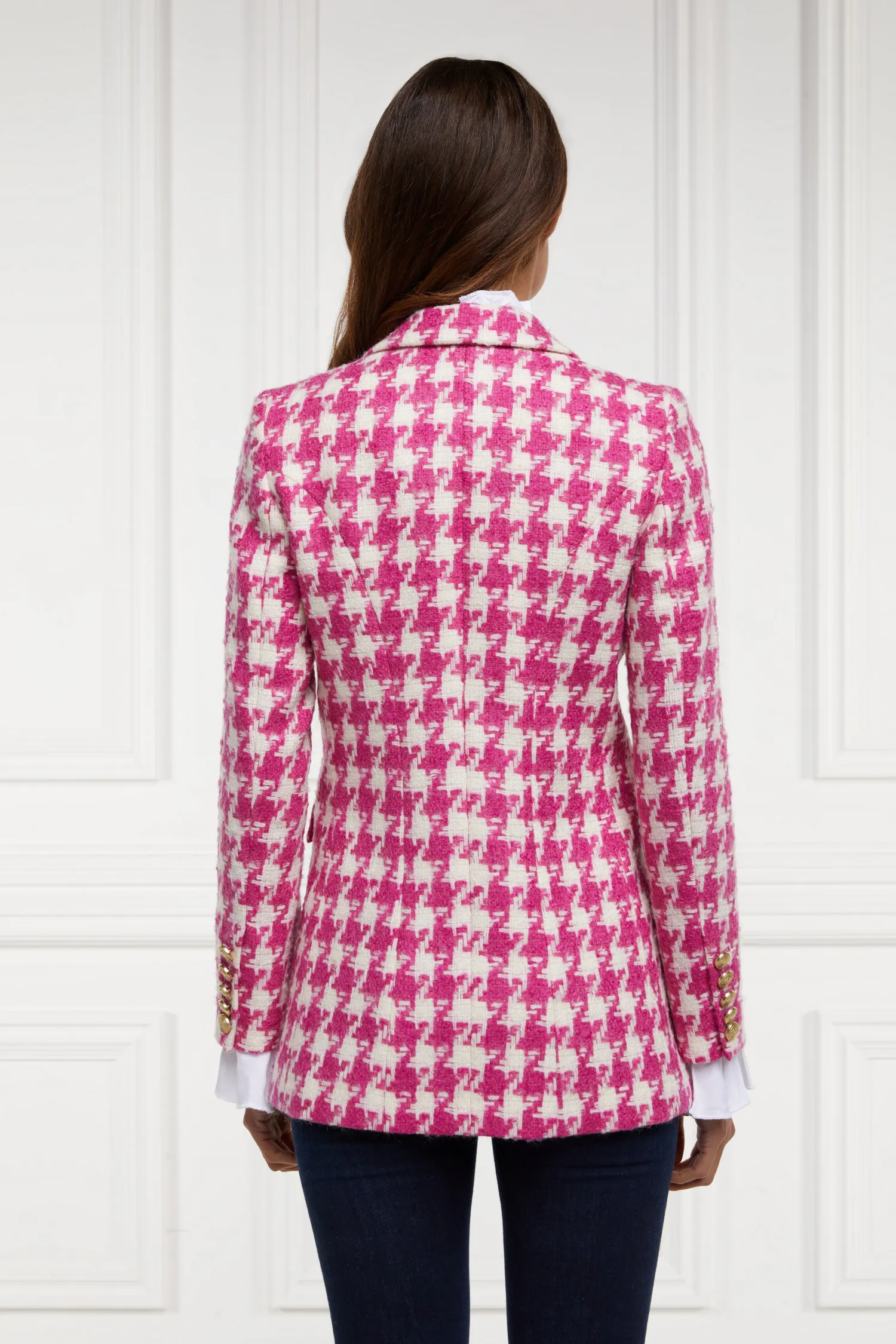 Fashion Double Breasted Blazer (Hot Pink Large Scale Houndstooth) Women Blazers|Tailoring