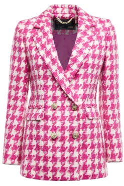 Fashion Double Breasted Blazer (Hot Pink Large Scale Houndstooth) Women Blazers|Tailoring