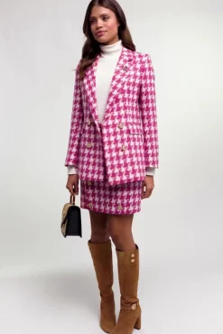 Fashion Double Breasted Blazer (Hot Pink Large Scale Houndstooth) Women Blazers|Tailoring