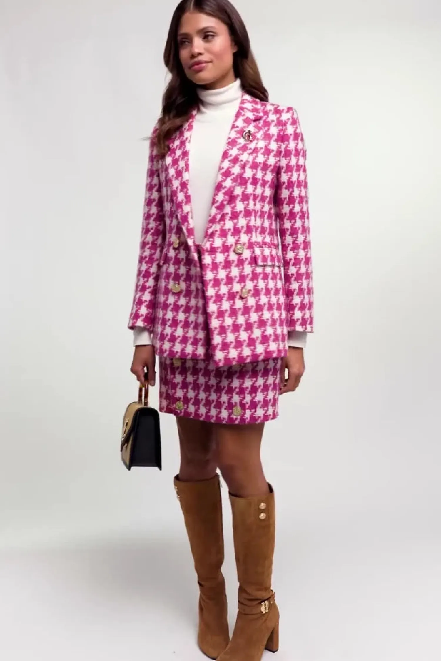 Fashion Double Breasted Blazer (Hot Pink Large Scale Houndstooth) Women Blazers|Tailoring