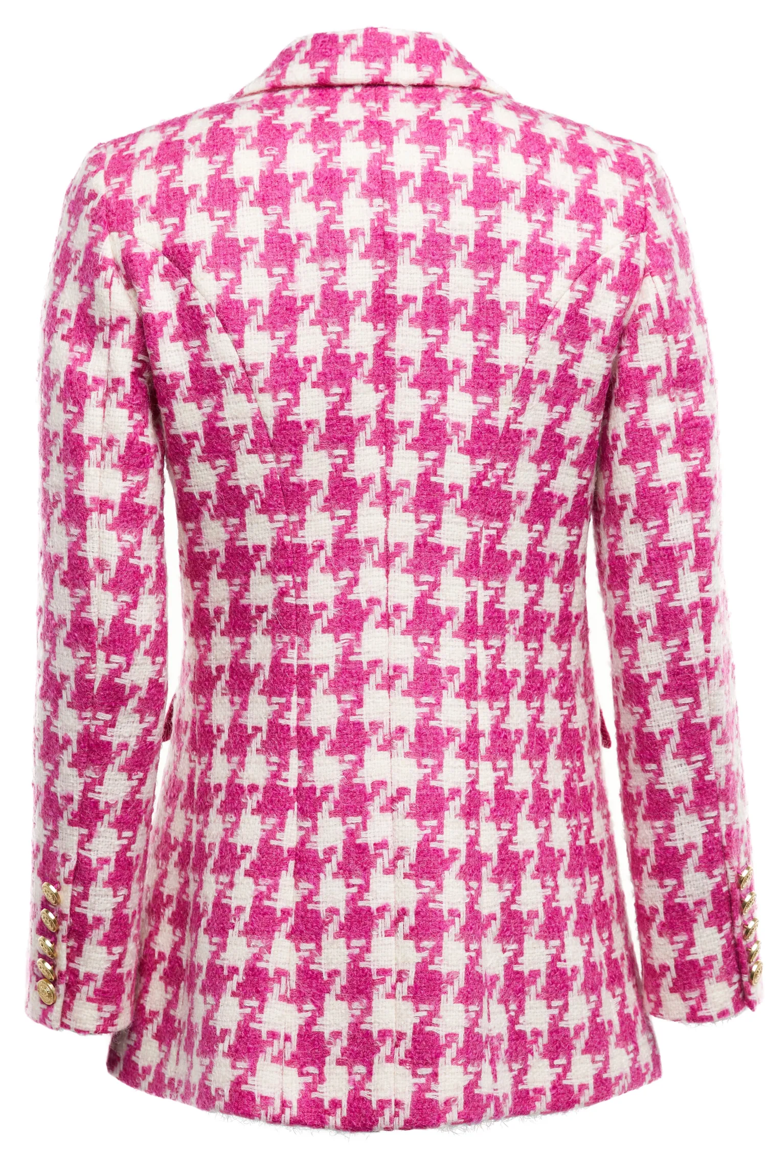 Fashion Double Breasted Blazer (Hot Pink Large Scale Houndstooth) Women Blazers|Tailoring