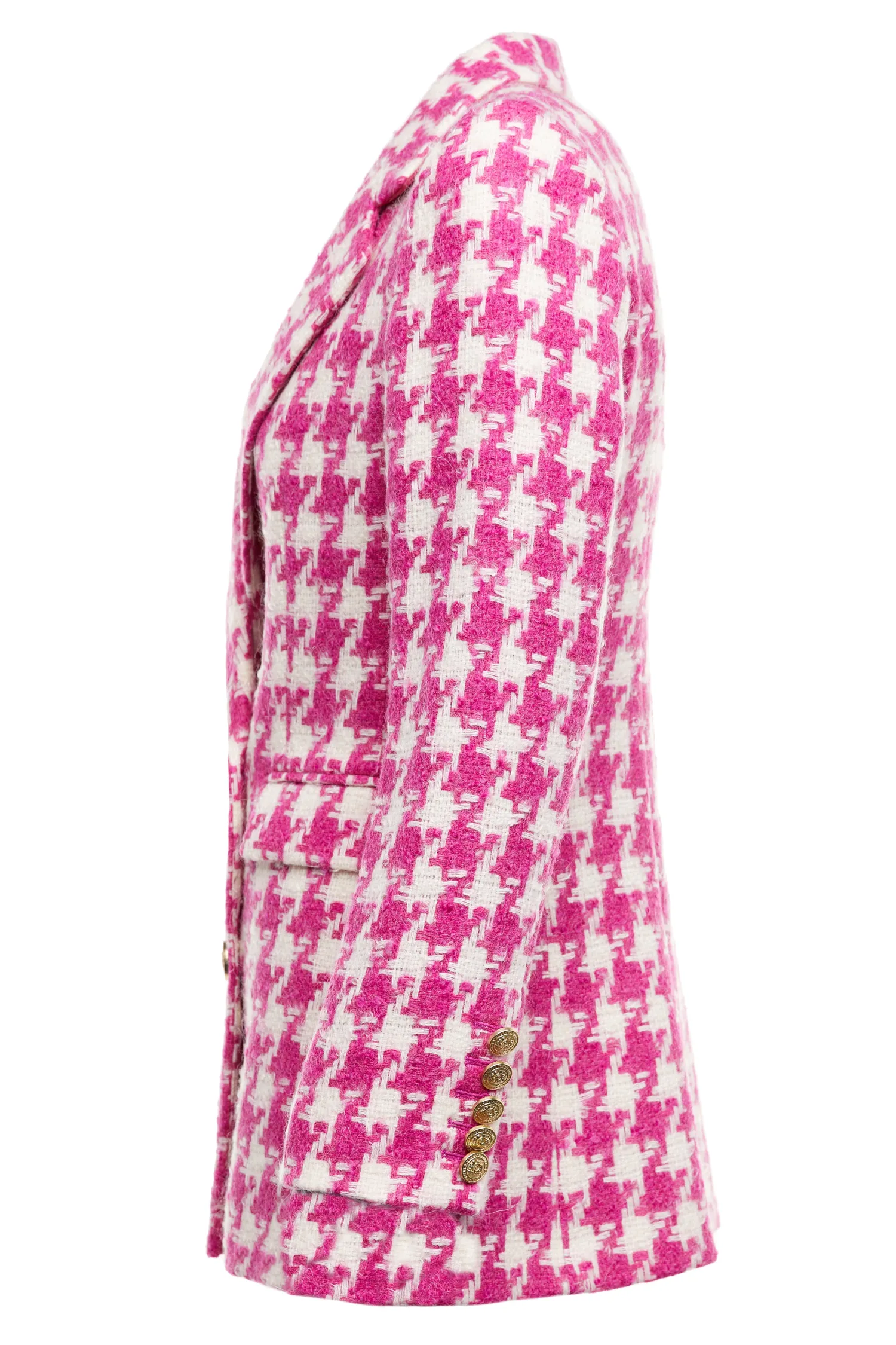 Fashion Double Breasted Blazer (Hot Pink Large Scale Houndstooth) Women Blazers|Tailoring