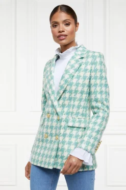 Fashion Double Breasted Blazer (Large Scale Teal Houndstooth) Women Blazers|Tailoring