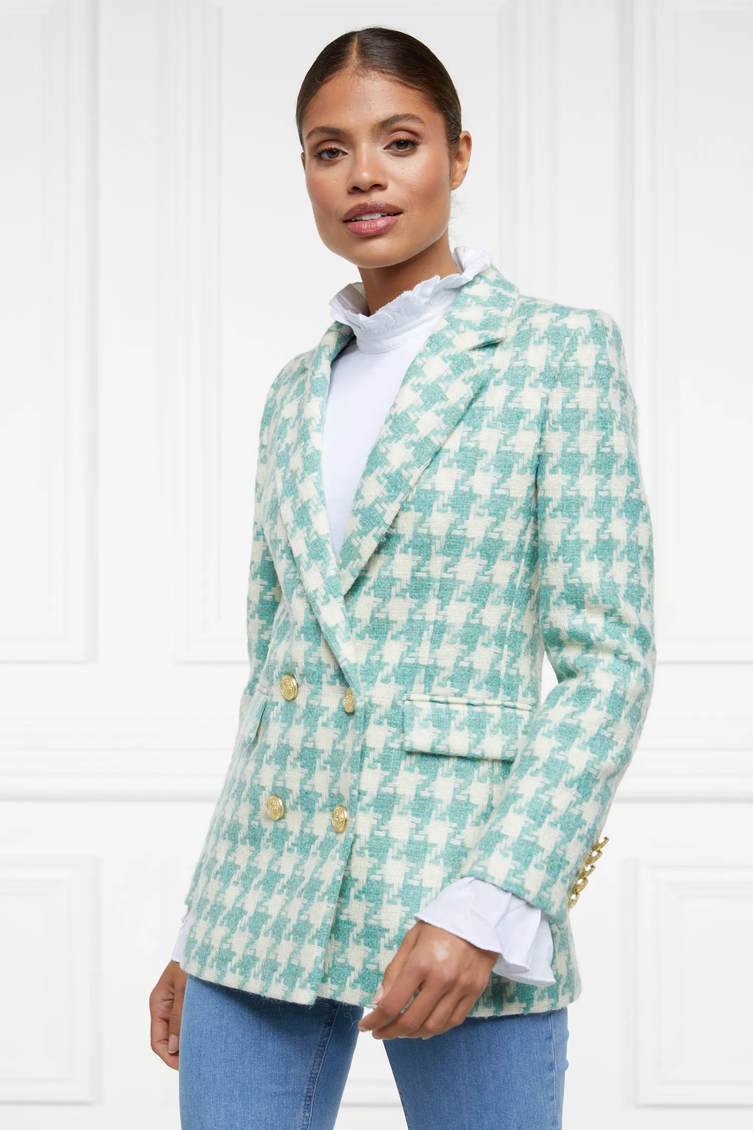 Fashion Double Breasted Blazer (Large Scale Teal Houndstooth) Women Blazers|Tailoring