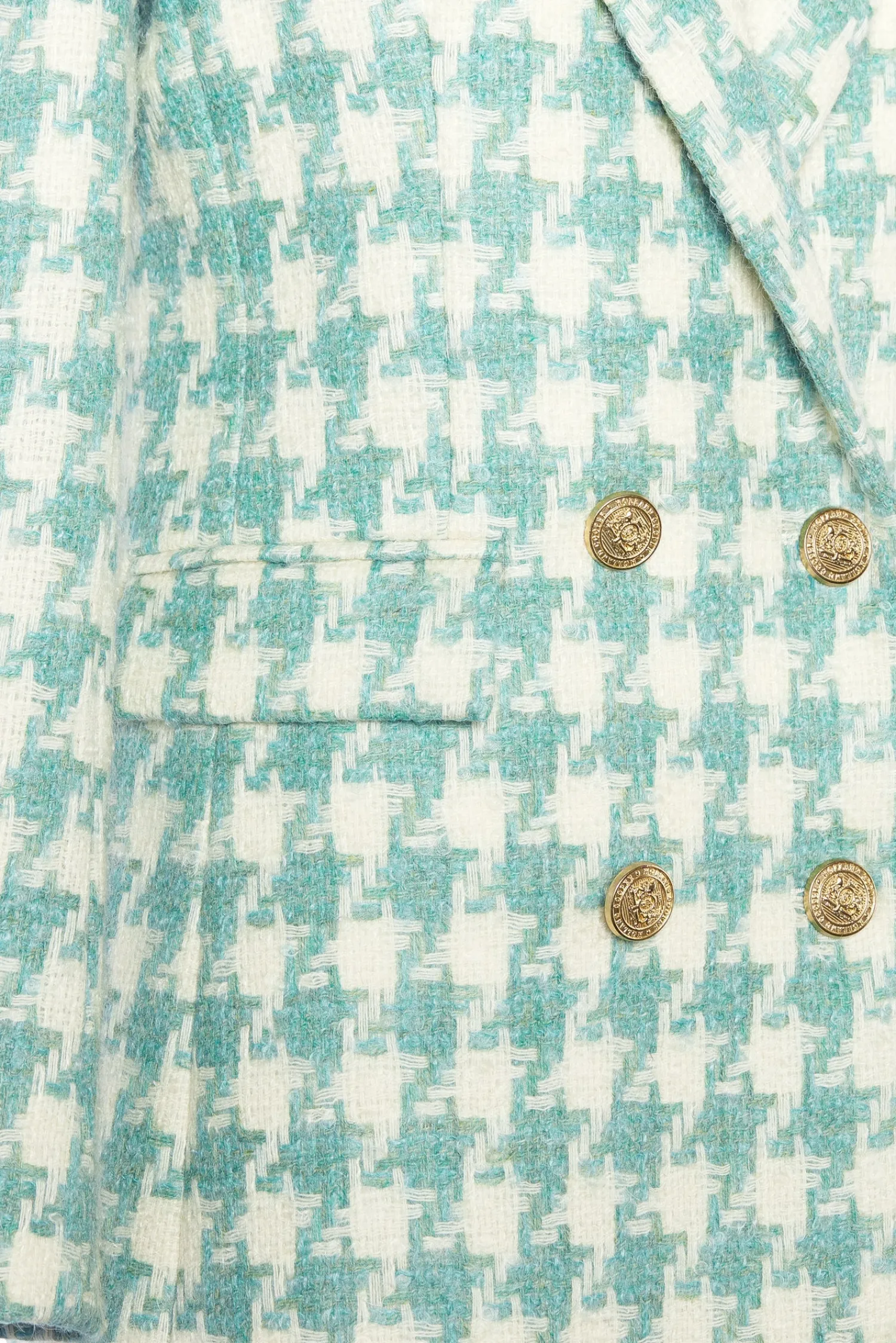 Fashion Double Breasted Blazer (Large Scale Teal Houndstooth) Women Blazers|Tailoring