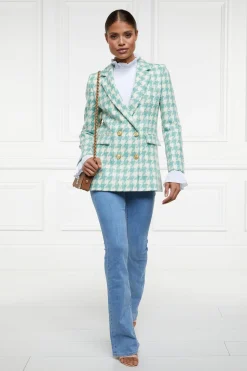 Fashion Double Breasted Blazer (Large Scale Teal Houndstooth) Women Blazers|Tailoring