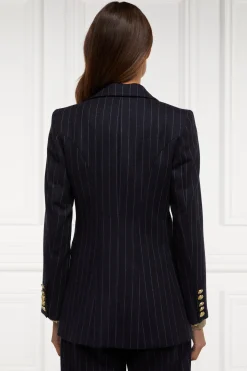 Outlet Double Breasted Blazer (Navy Chalk Pinstripe) Women Briefcase|Blazers