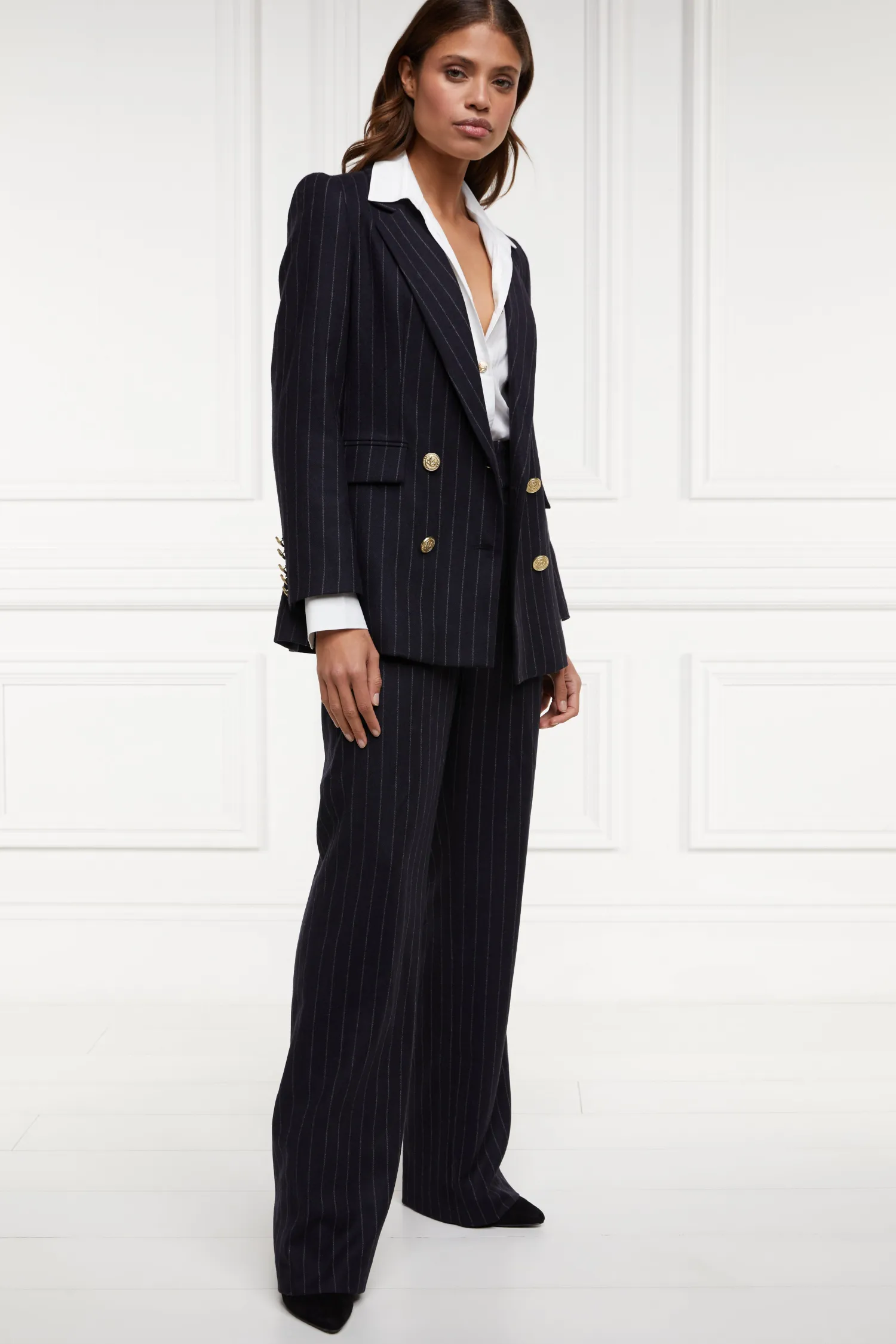 Outlet Double Breasted Blazer (Navy Chalk Pinstripe) Women Briefcase|Blazers