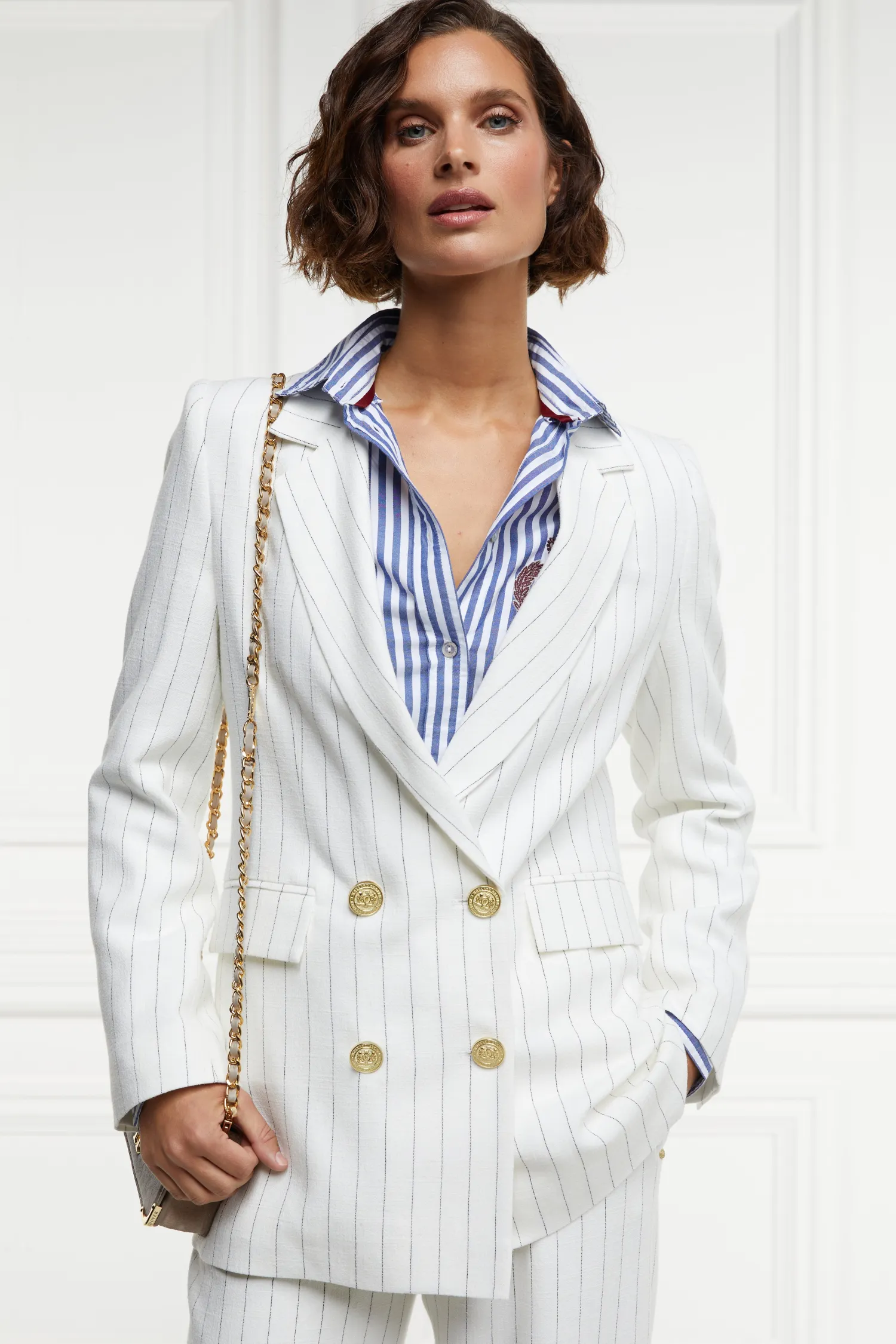 Clearance Double Breasted Blazer (Oyster Linen Pinstripe) Women Blazers|Tailoring