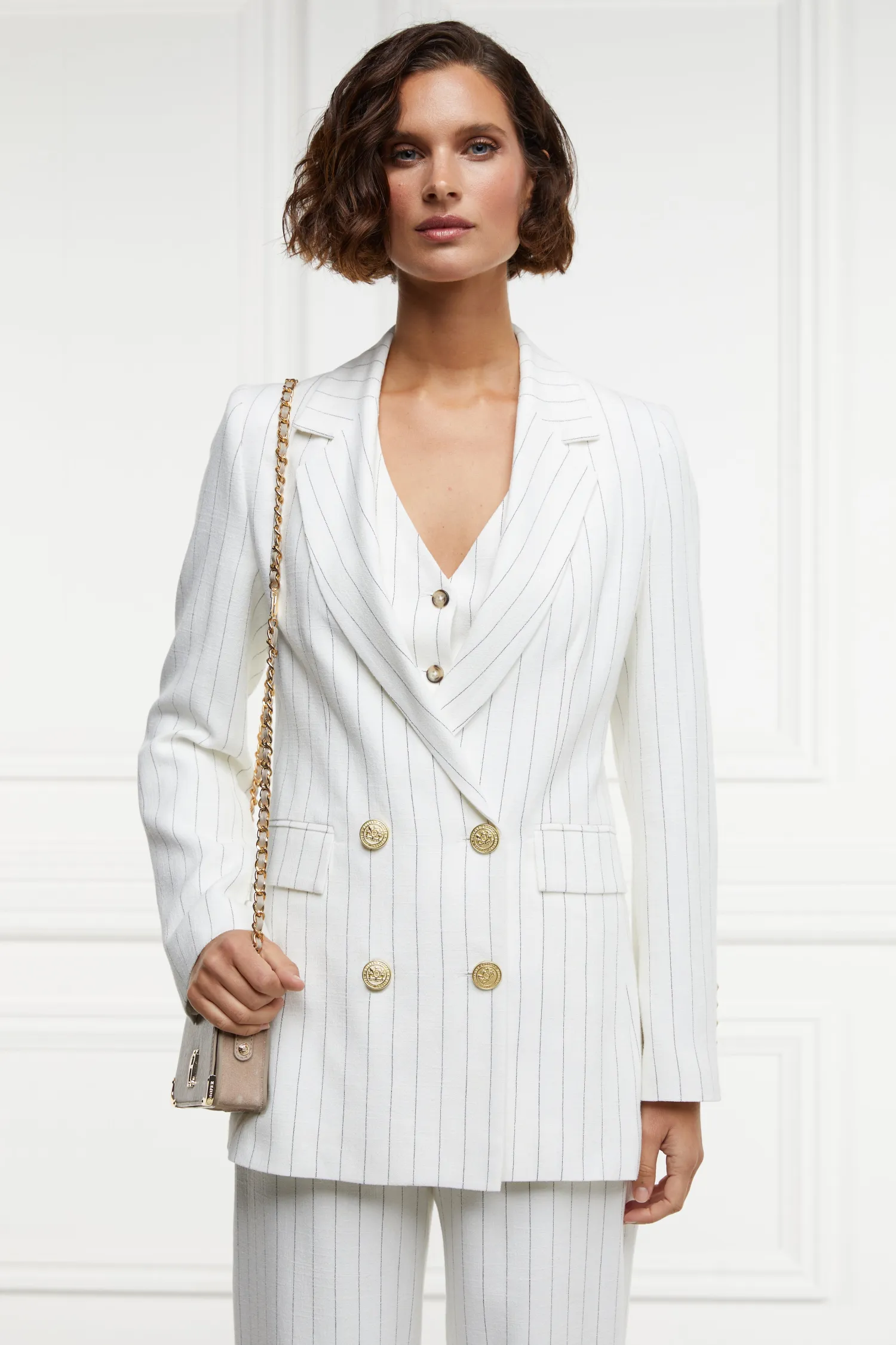 Clearance Double Breasted Blazer (Oyster Linen Pinstripe) Women Blazers|Tailoring