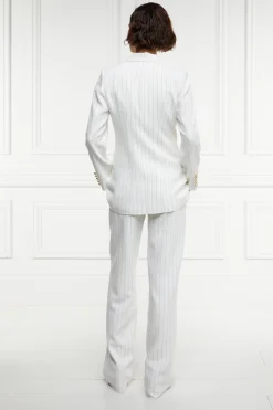 Clearance Double Breasted Blazer (Oyster Linen Pinstripe) Women Blazers|Tailoring