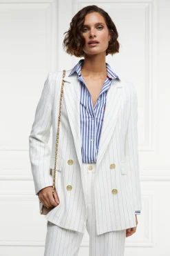 Clearance Double Breasted Blazer (Oyster Linen Pinstripe) Women Blazers|Tailoring