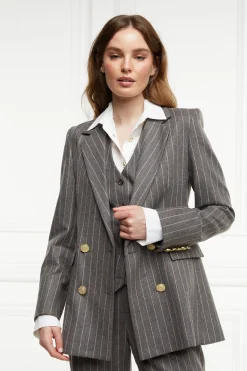 Hot Double Breasted Blazer (Soft Grey Pinstripe) Women Blazers|Tailoring
