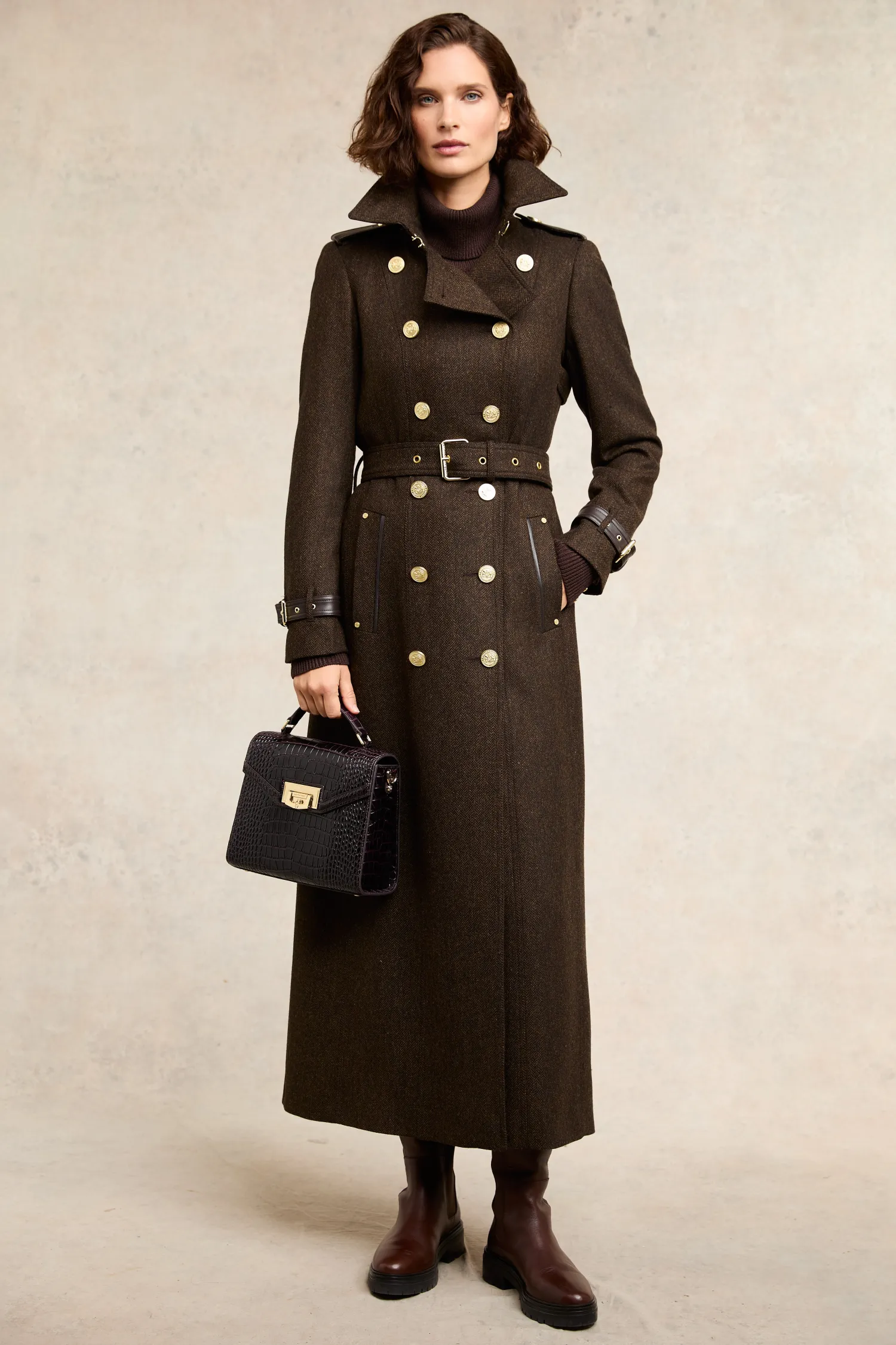 New Full Length Marlborough Trench Coat (Chocolate Herringbone) Women Trench Coats|Coats