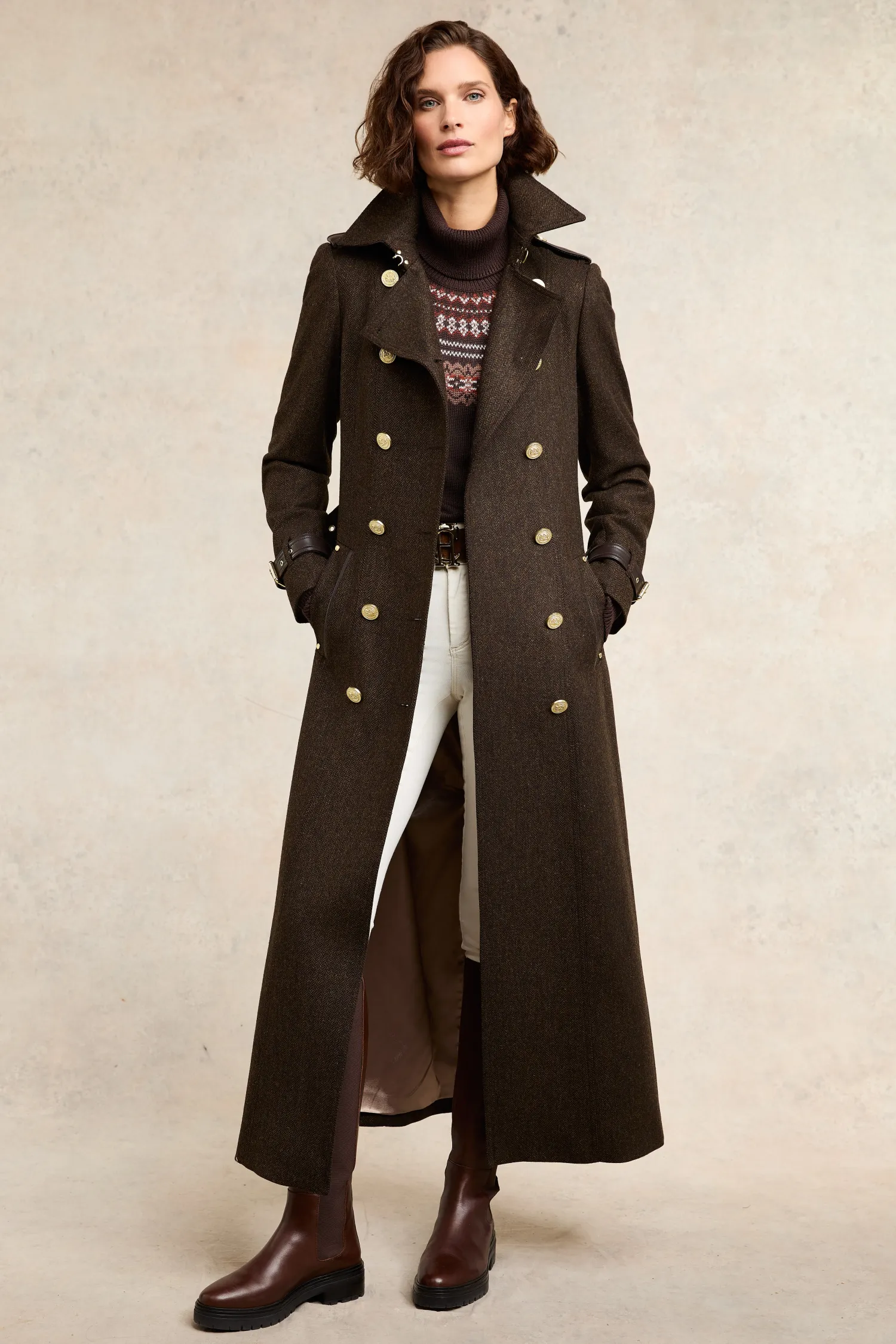 New Full Length Marlborough Trench Coat (Chocolate Herringbone) Women Trench Coats|Coats
