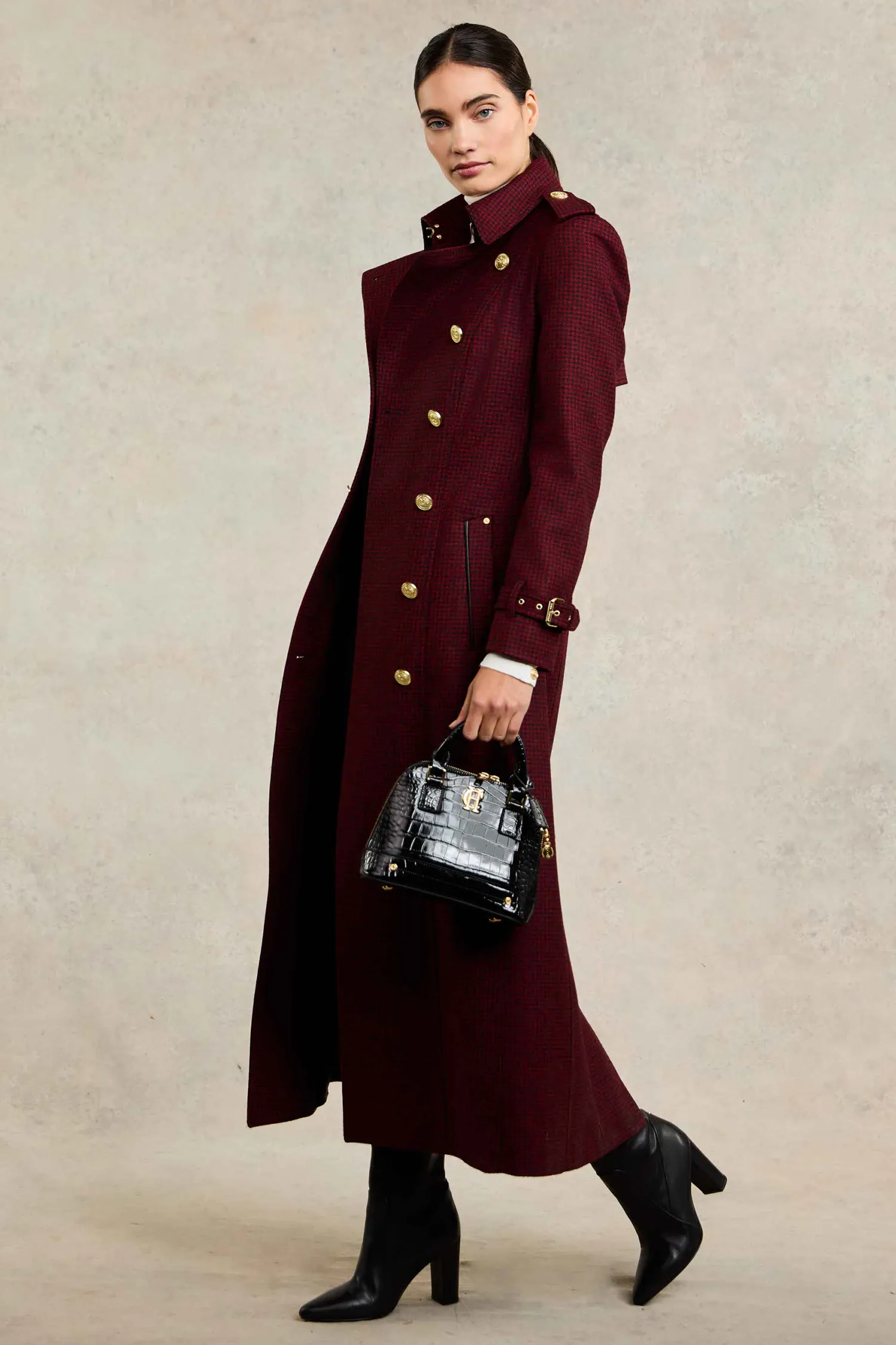 Best Full Length Marlborough Trench Coat (Red Houndstooth) Women Trench Coats|Coats
