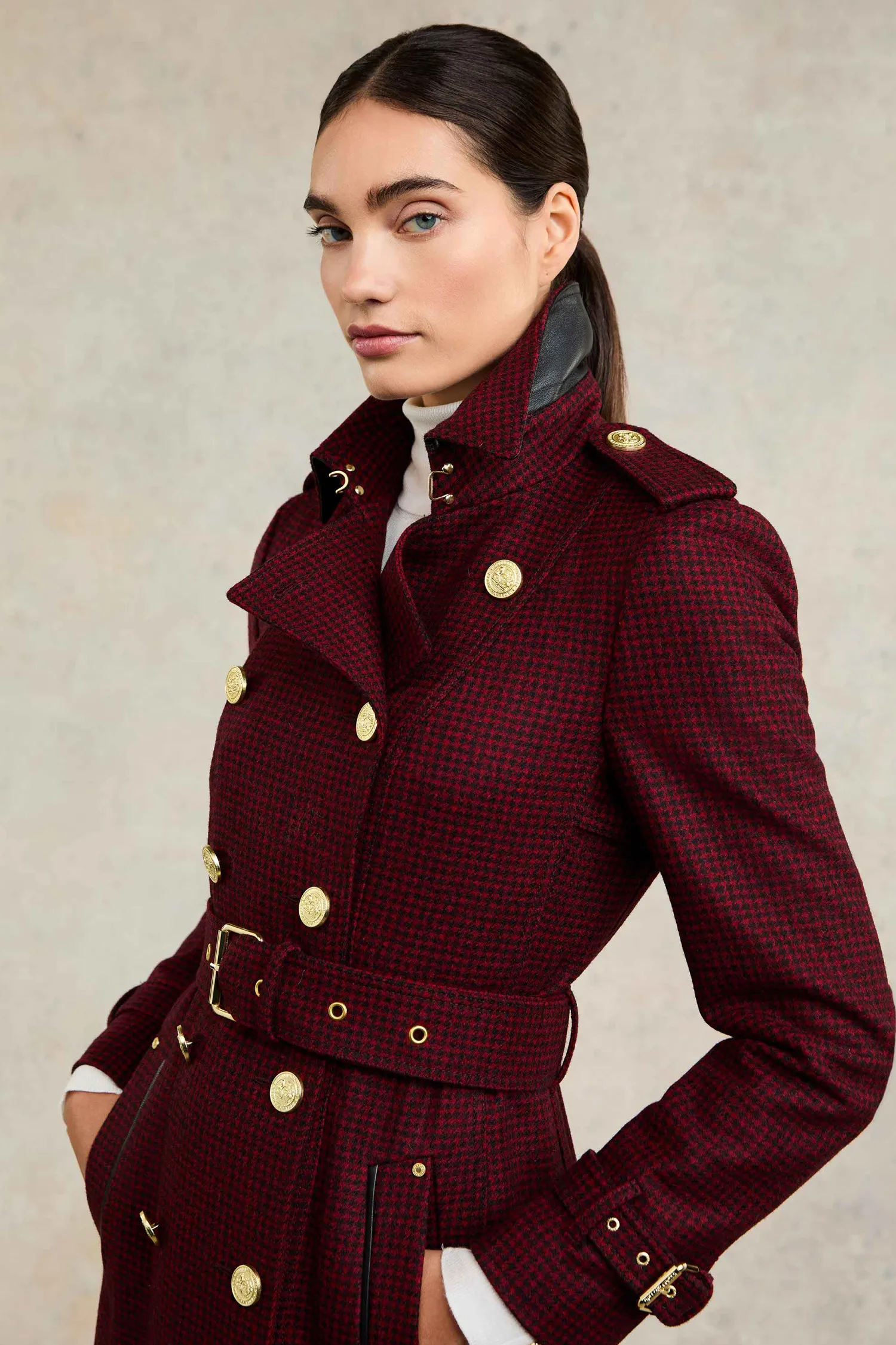 Best Full Length Marlborough Trench Coat (Red Houndstooth) Women Trench Coats|Coats