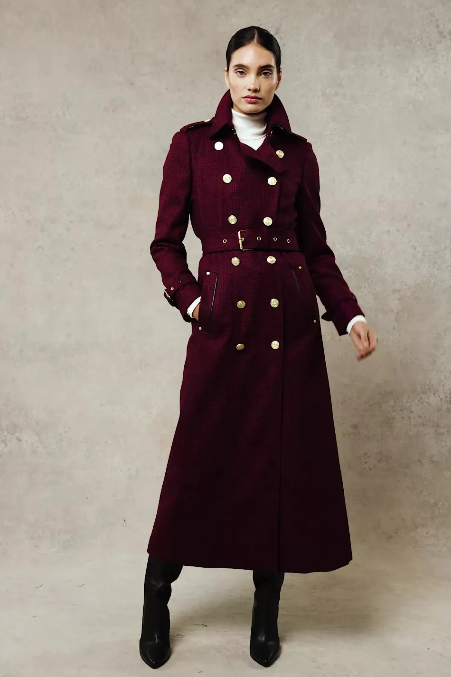 Best Full Length Marlborough Trench Coat (Red Houndstooth) Women Trench Coats|Coats
