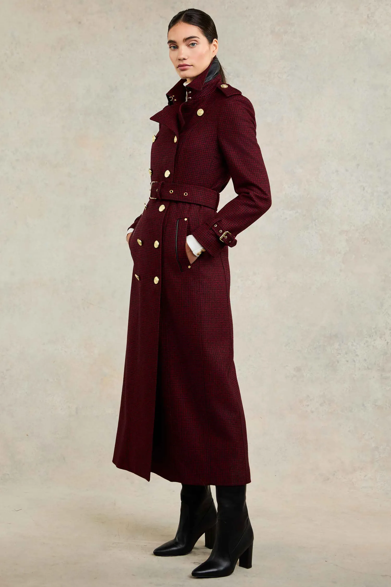 Best Full Length Marlborough Trench Coat (Red Houndstooth) Women Trench Coats|Coats