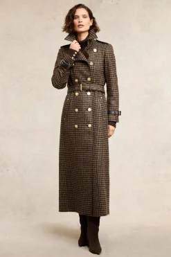 Fashion Full Length Marlborough Trench Coat (Chocolate Houndstooth) Women Trench Coats|Coats