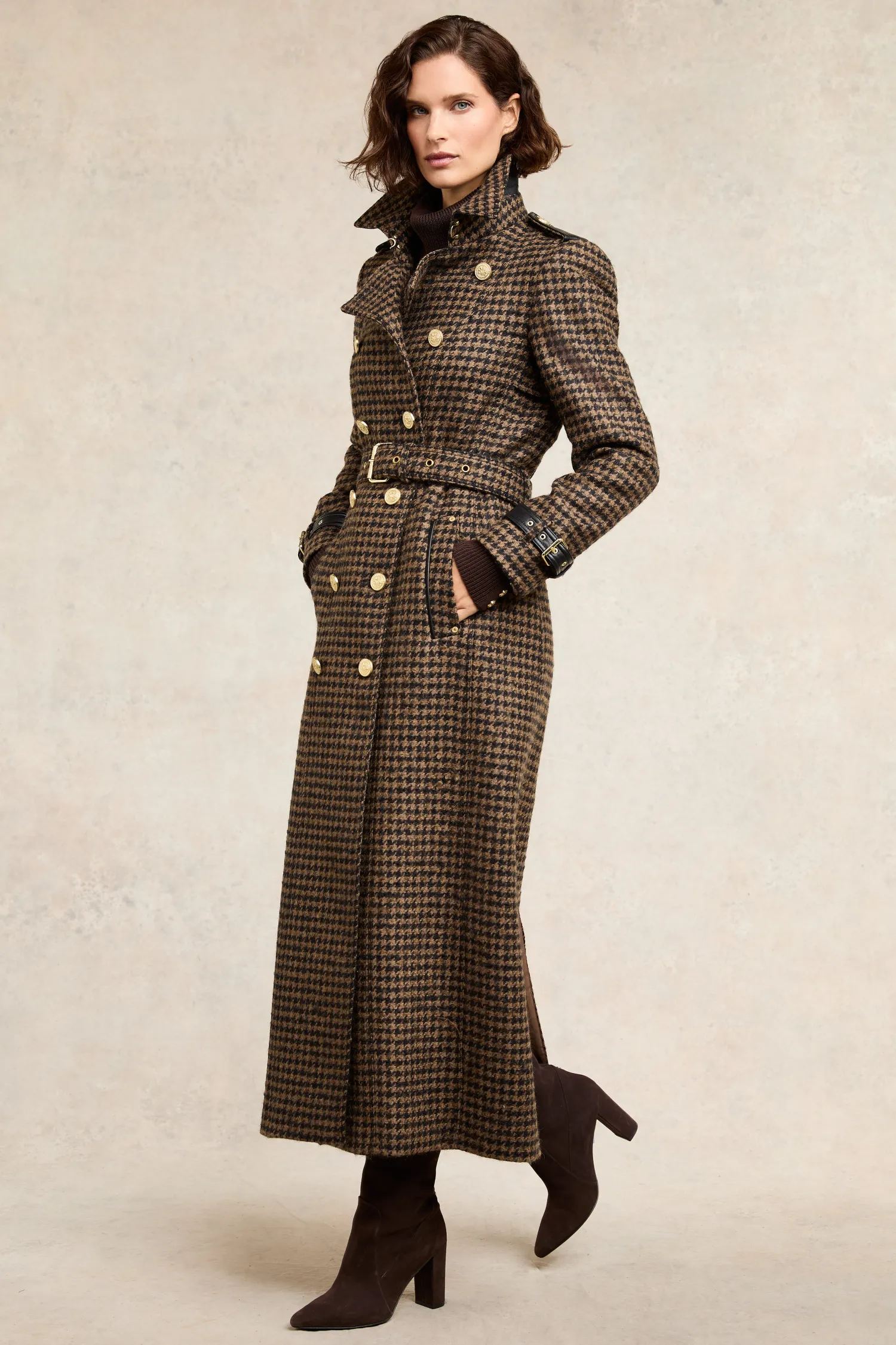 Fashion Full Length Marlborough Trench Coat (Chocolate Houndstooth) Women Trench Coats|Coats
