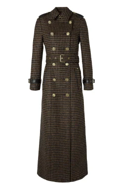 Fashion Full Length Marlborough Trench Coat (Chocolate Houndstooth) Women Trench Coats|Coats