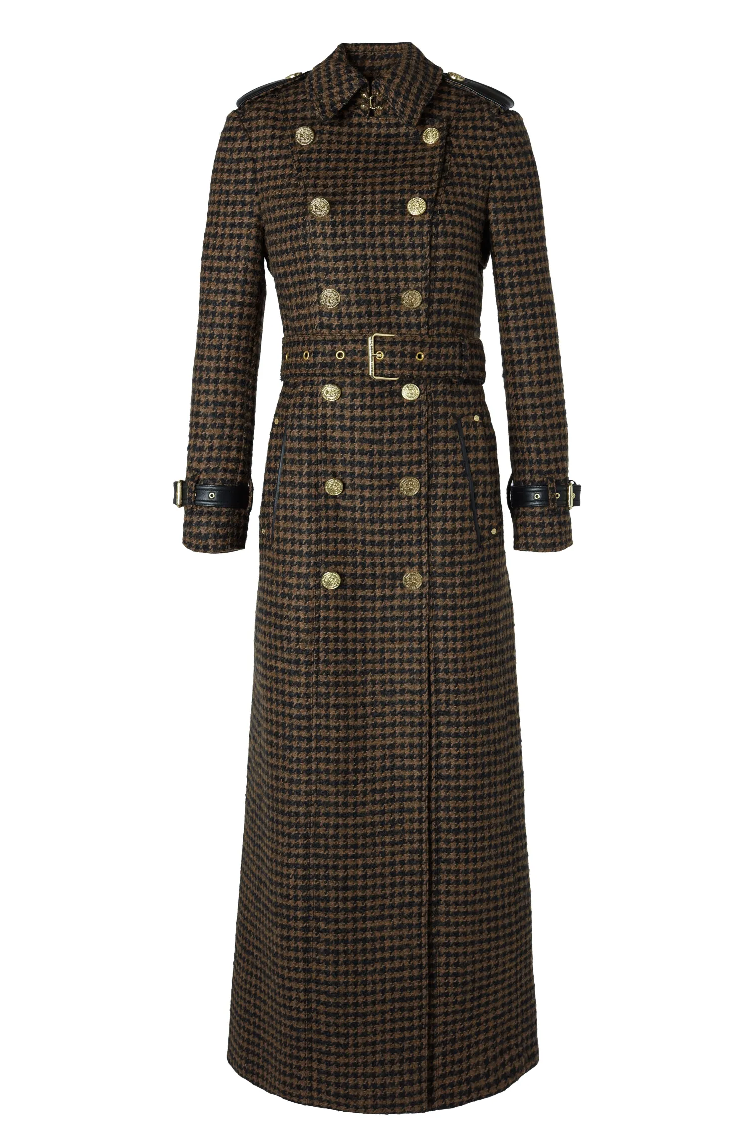 Fashion Full Length Marlborough Trench Coat (Chocolate Houndstooth) Women Trench Coats|Coats