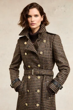 Fashion Full Length Marlborough Trench Coat (Chocolate Houndstooth) Women Trench Coats|Coats