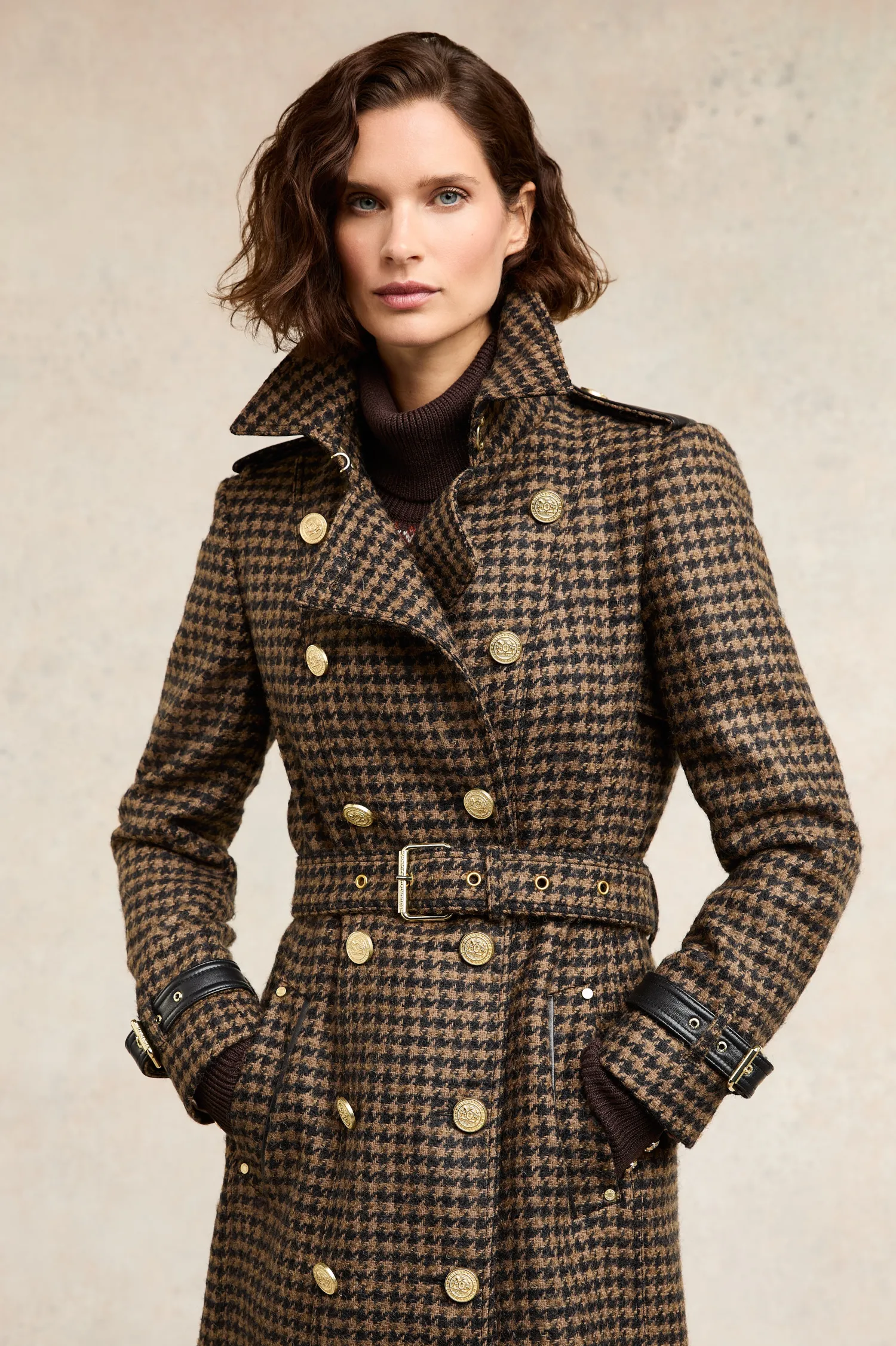 Fashion Full Length Marlborough Trench Coat (Chocolate Houndstooth) Women Trench Coats|Coats