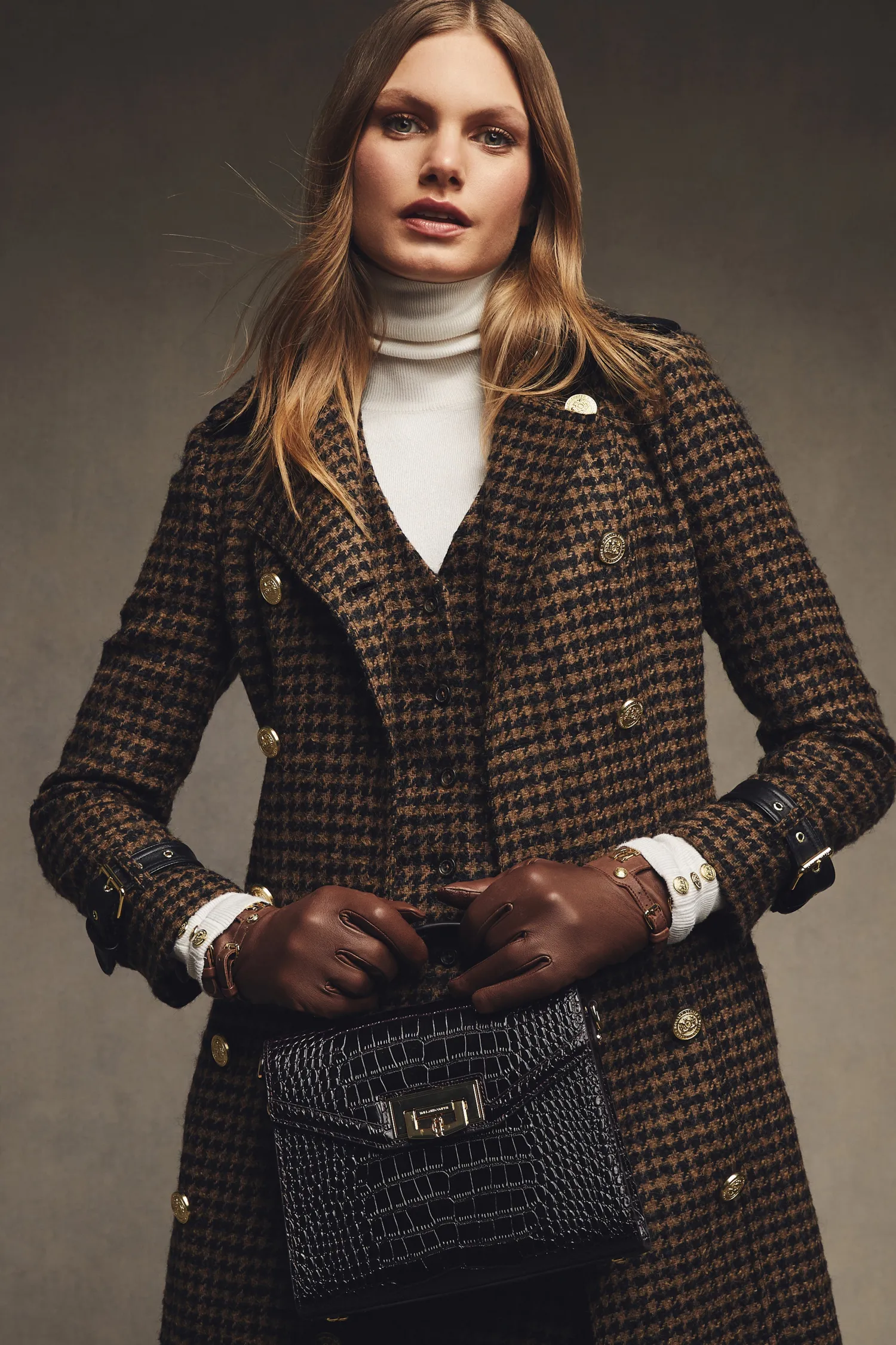 Fashion Full Length Marlborough Trench Coat (Chocolate Houndstooth) Women Trench Coats|Coats